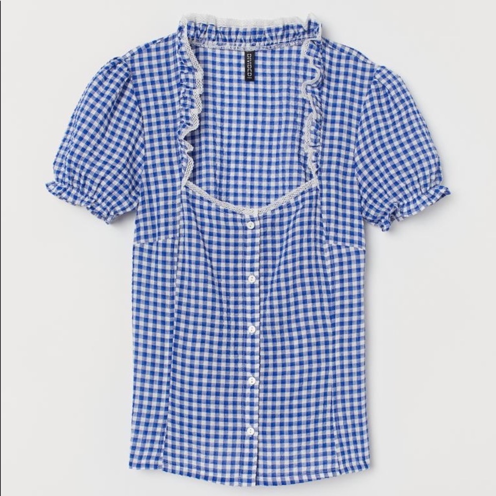 HM seersucker blue/white gingham blouse - 10 - EUC - Picture 1 of 2